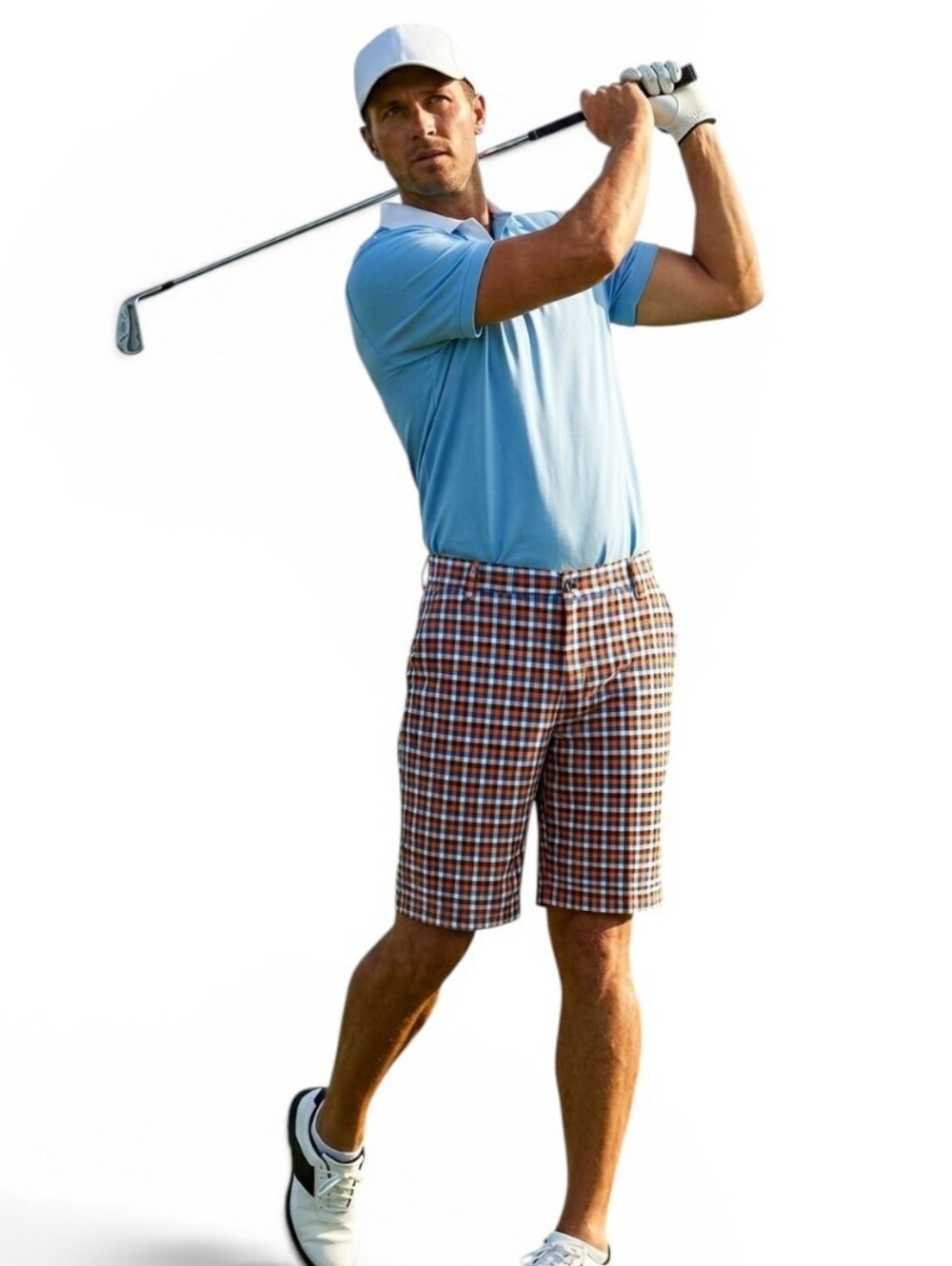 IZOD Golf Men's Plaid Flat Front Shorts Size 34 Orange Blue Gingham